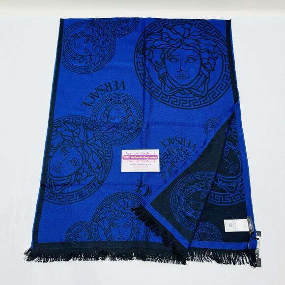 NWT Versace Medusa Reversible Wool Black Blue Knit Scarf Shawl Size 70"x27" $590 - Picture 5 of 11